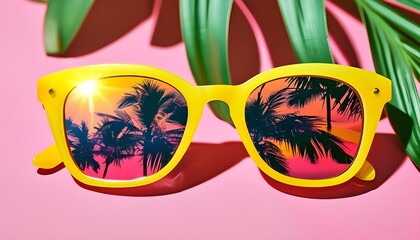 Poster - Vibrant sunglasses showcasing a tropical sunset reflection with bright yellow and pink patterned frames