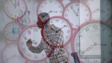 Poster - Talking on phone and taking notes, man over clock animation with colorful graphs