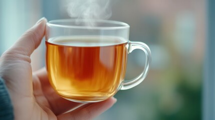 Poster - A person holding a cup of tea with steam coming out, AI