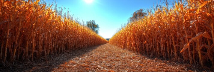 Poster - Sunlit Path Through a Field of Dried Corn Stalks