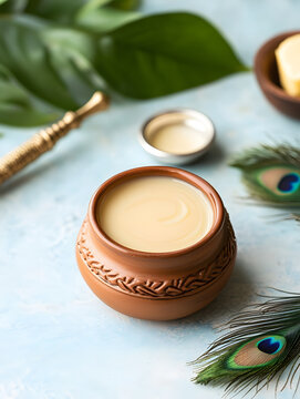 Janmashtami-Themed Scene with Milk and Ghee, Celebrating Krishna's Birth Festival