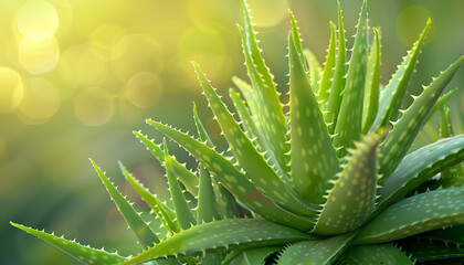 Wall Mural - Aloe gel dropping from fresh aloe vera leaf cut. Aloe Vera plant at the background