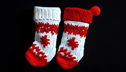 Traditional knitted red and white Christmas stocking on a black background