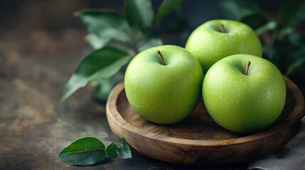 Green Apples on Wooden Plate