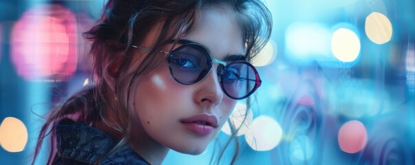 Wall Mural - Stylish girl wearing sunglasses, posing in a neon-lit, trendy urban environment. Free copy space for banner.