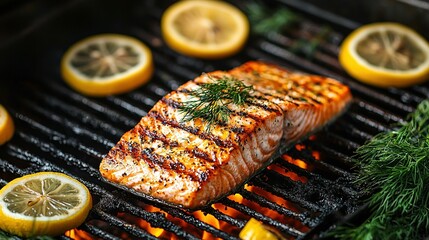   A close-up of a fish fillet on a grill, garnished with a lemon slice and a sprig of rosemary