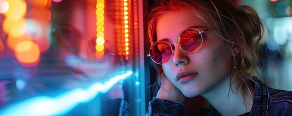 Wall Mural - Stylish girl wearing sunglasses, posing in a neon-lit, trendy urban environment. Free copy space for banner.