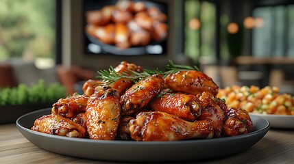 Close-up of a plate of delicious, crispy, glazed chicken wings with rosemary garnish, in a restaurant setting.