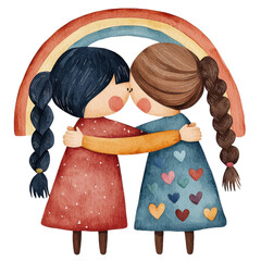 Two girls embrace under a colorful rainbow, showcasing friendship and love in a charming watercolor illustration cut out isolated transparent PNG