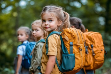 Wall Mural - Portrait of a group of children going back to school . Child wearing a backpack ready for the first day of kindergarten, Generative AI