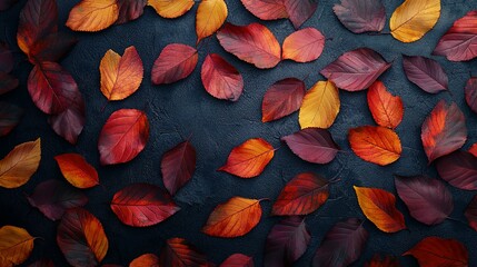 Wall Mural - Autumn Leaves Scattered on a Dark Surface