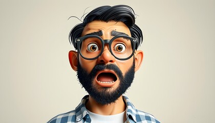 Wall Mural - Amazed Cartoon Male Character with Glasses and Beard Displaying Shock and Surprise in Bright Background, Exploring Human Emotions and Reactions