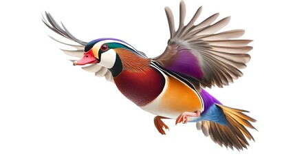 Poster - Mandarin Duck Bird Flying on White Background, Photo Realistic, Wallpaper, Cover and Screen for Smartphone, PC, Laptop, 9:16 and 16:9 Format