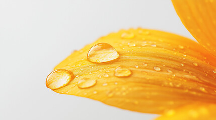 Wall Mural - Close-up of vibrant yellow flower petal with water droplets on a white background, showcasing intricate texture and color contrast.