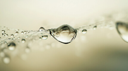 Close-up view of dew droplets on a web, showcasing intricate details and a serene atmosphere with soft, blurred background.