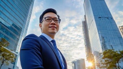 Wall Mural - Businessman in Suit Looking Up at Tall Buildings