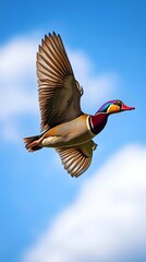 Poster - Mandarin Duck Bird Flying Under Blue Sky, Photo Realistic, Wallpaper, Cover and Screen for Smartphone, PC, Laptop, 9:16 and 16:9 Format