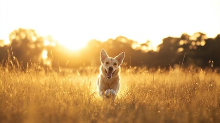 Happy Golden Retriever Dog Playing Fetch in Field at Sunset.