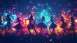 © MINMIN - A vibrant silhouette of dancing witches amidst a colorful, magical background filled with stars and sparkles.