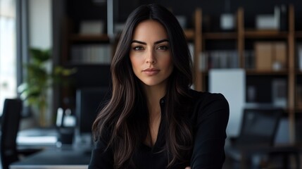 Wall Mural - Close-up Portrait of a Woman with Long Dark Hair in an Office Setting