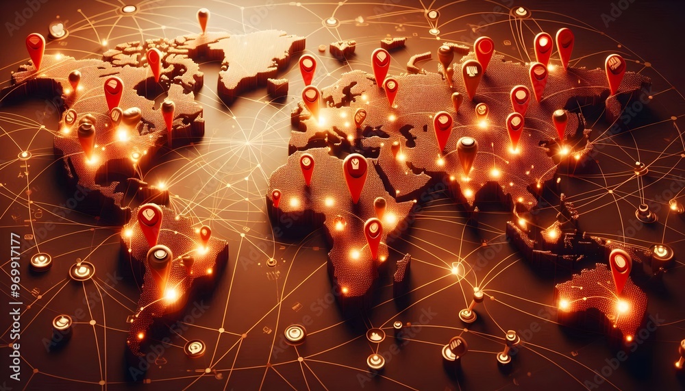 World Map Illustration with Pins and Connection Paths - Detailed Map ...