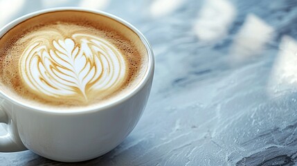   A cappuccino in a white cup with a leaf design on the rim