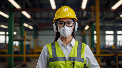 Wall Mural - engineer hardhat lady yellow industry factory worker woman wears helmet mask glasses headphone