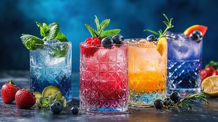 Poster -   Three glasses of various colored drinks, accompanied by lemons, strawberries, and blueberries