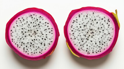 Two Slices of Dragon Fruit, white background, macro, close up, fruit, tropical, dessert