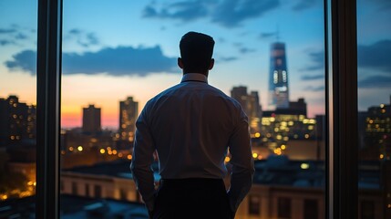 Canvas Print - A Man in a White Shirt Silhouetted Against a City Skyline at Dusk