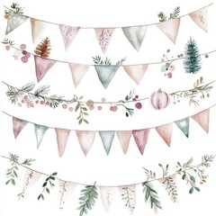 Wall Mural - Watercolor Floral Garland with Pastel Triangles, Watercolor, Botanical, Celebration, Garland