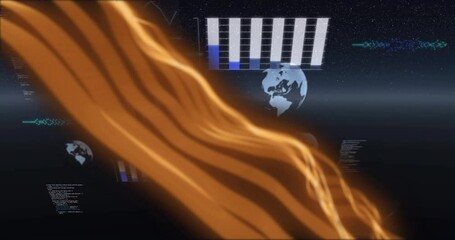 Poster - Flowing orange waves over digital data and Earth animation