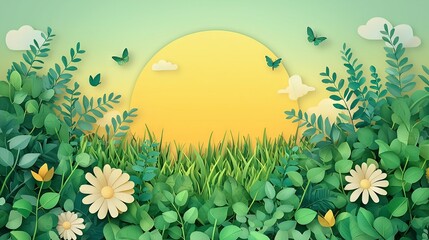 Wall Mural -   A lush meadow of grass dotted with vibrant flowers flourishes beneath the azure sky, with fluttering butterflies gracefully gliding above