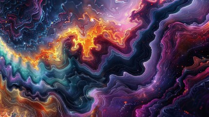 Wall Mural - Vibrant abstract artwork showcasing swirling colors of deep purple, orange, and teal, creating a cosmic and dreamlike atmosphere.