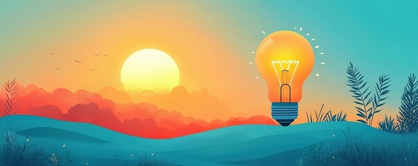 Light bulb with a sunrise, new ideas sparking growth, flat design illustration with copyspace