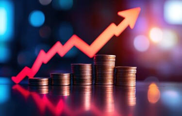 stock market graph with arrow pointing upwards, representing growth and prosperity in the financial landscape Stacks of coins on background, blurred business office setting Generative AI