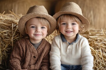 Wall Mural - Two little twin boys and friends sitting on hay stack, Generative AI