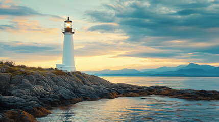 A solitary white lighthouse stands on rocky shores against a serene sunset, with calm waters and distant mountains in the background.