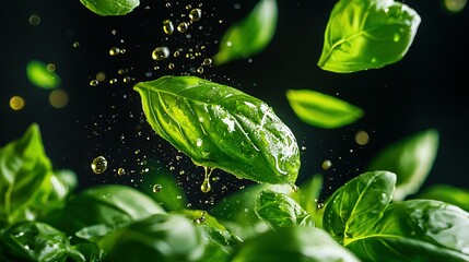 Poster -   Green plant close-up with water droplets on leaves and floating in air