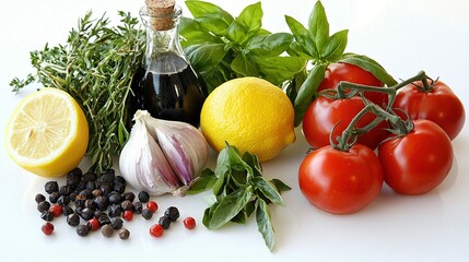 Canvas Print -   A white table topped with various fruits and vegetables, including tomatoes and lemons, as well as garlic Next to it is a bottle of olive oil