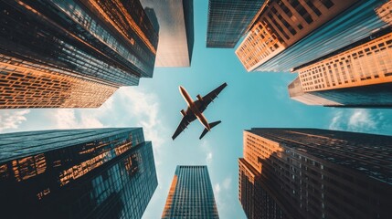 Wall Mural - Airplane Flying Over Cityscape