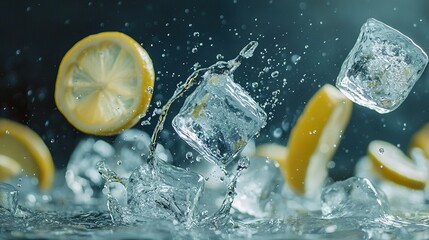 Poster -   Lemons and lemon wedges splash into a body of water with ice cubes