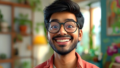 Wall Mural - Joyful 3D Cartoon Portrait of Young Indian Man with Glasses Smiling and Laughing in Vibrant Room, Celebrating Human Feelings and Expressions