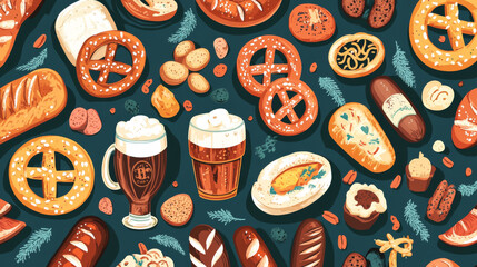 Wall Mural - A festive pattern with beer, pretzels, sausages, and other German foods. It's perfect for celebrating Oktoberfest with its traditional Bavarian decorations.