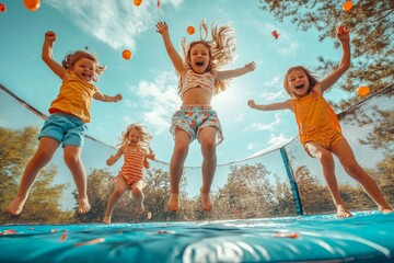 Wall Mural - Little Kids Jumping and Hopping On Trampoline at Sunny Summer Day. Friends Celebrate Party, Having Fun On Weekend, Generative AI