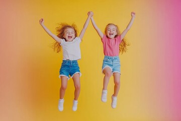 Wall Mural - Photo of two cheerful kids older younger sisters jump holding hands enjoy together time isolated over bright color background, Generative AI