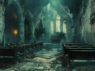 Wall Mural - A Haunting View Inside an Abandoned Gothic Church