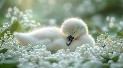 Wall Mural -   A baby swan rests atop a bed of white blossoms, head tilted backward