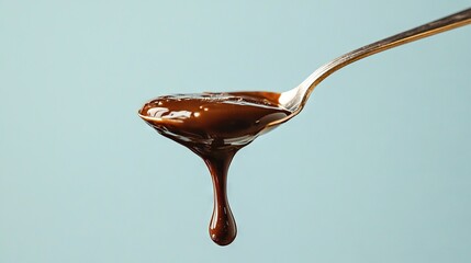   A spoonful of melted chocolate on a light blue background with a drizzle of chocolate on the spoon