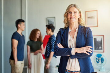 Poster - Portrait, smile and business woman with arms crossed in office for integrity, pride or career growth. Face, leader or confident employee, manager or creative director coworking with team at startup
